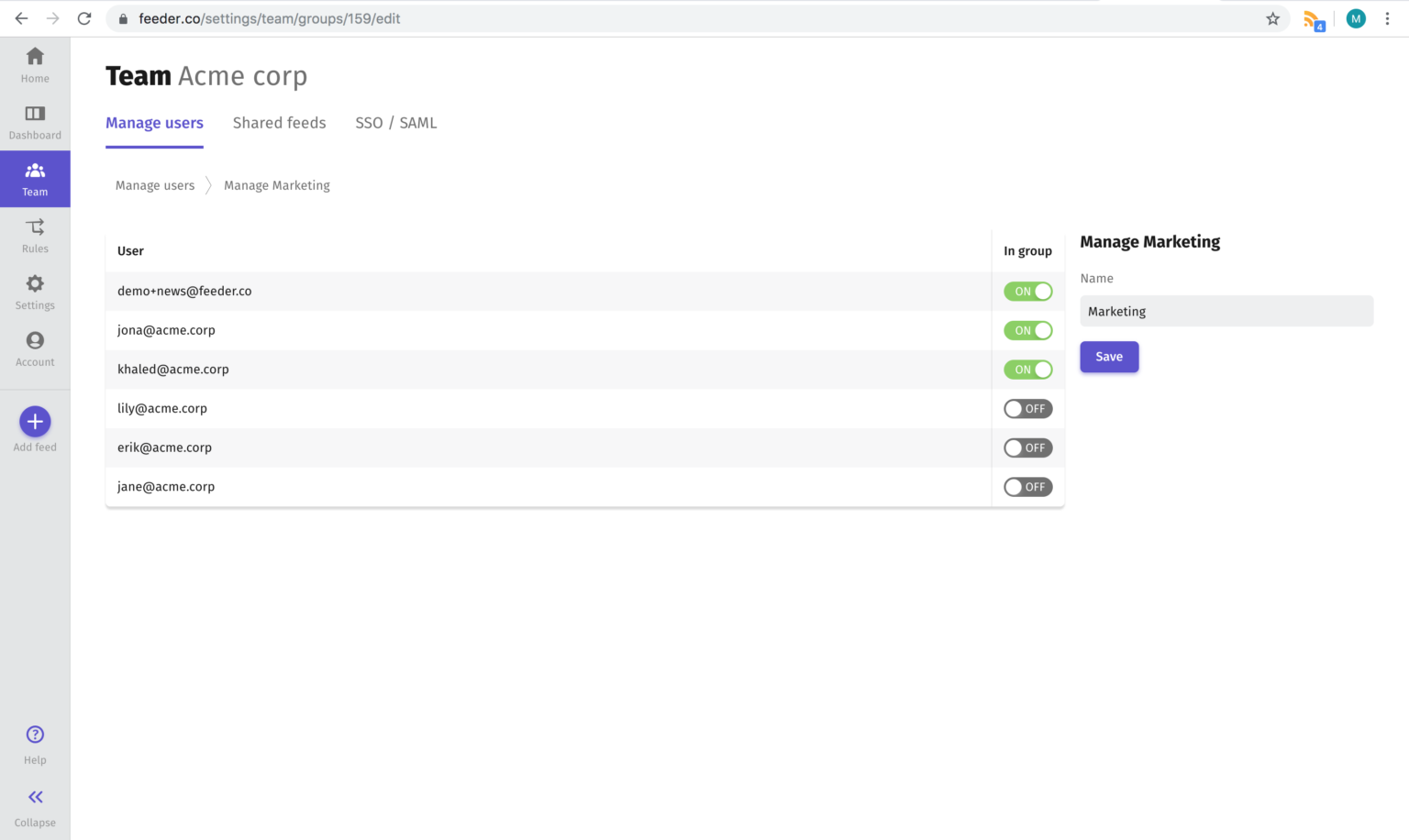 Feeder Teams Share feeds within your team or organization