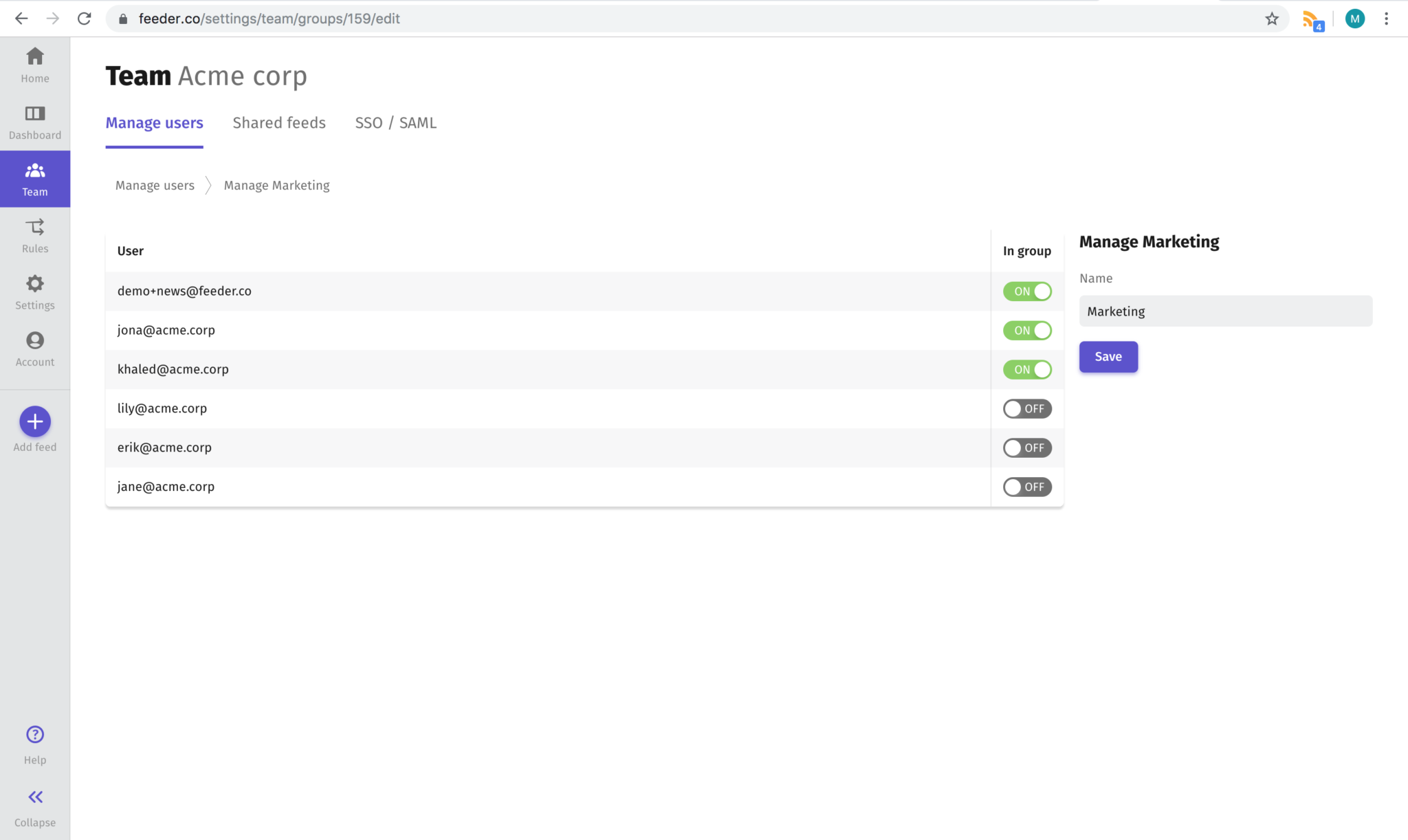 Feeder Teams Share feeds within your team or organization